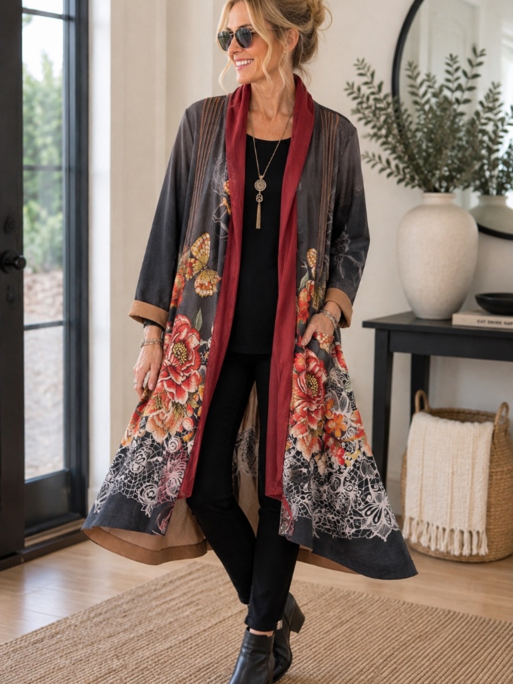 NWT Donna White Art to Wear Butterfly Floral Coat XL Lagenlook